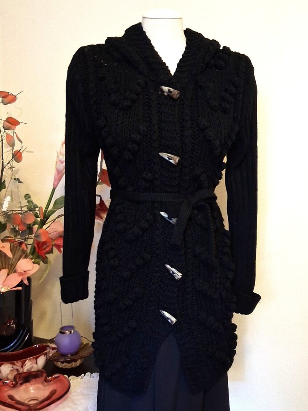 Quality Knit Hooded Cardigan Sweater Coat - Soft Chunky Knitwear Women M Black